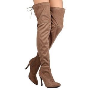 Indulge Gloria-01 Taupe Faux Suede Thigh High Lace Up Stiletto Boot  New in Box